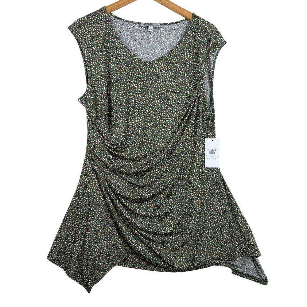 NWT Chaus Dotted Sleeveless Cowl Neck Ruched Top size XL Green/Multicolor